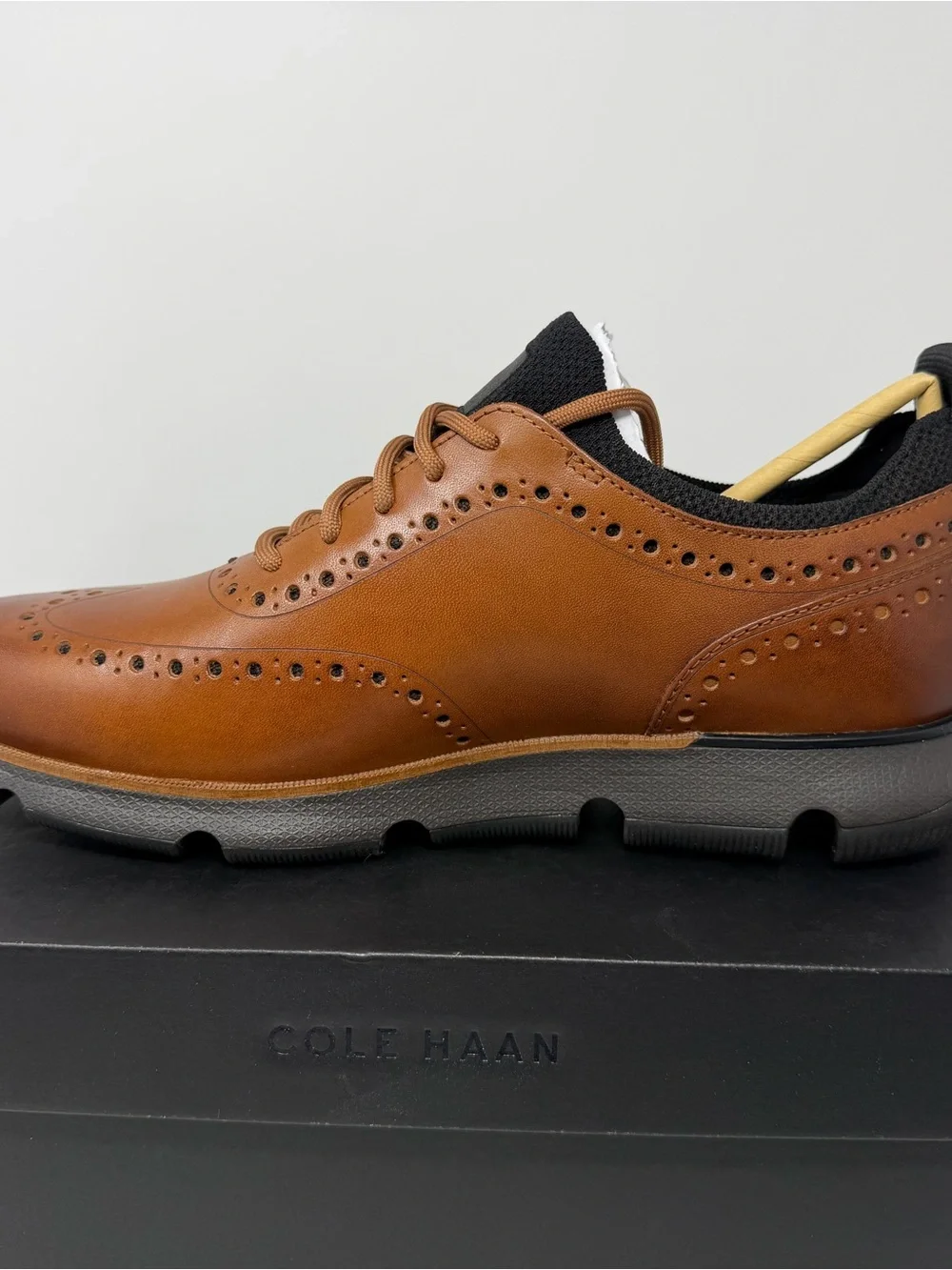 Cole Haan Brown British Tan Leather Wingtip Oxford with Black Accents